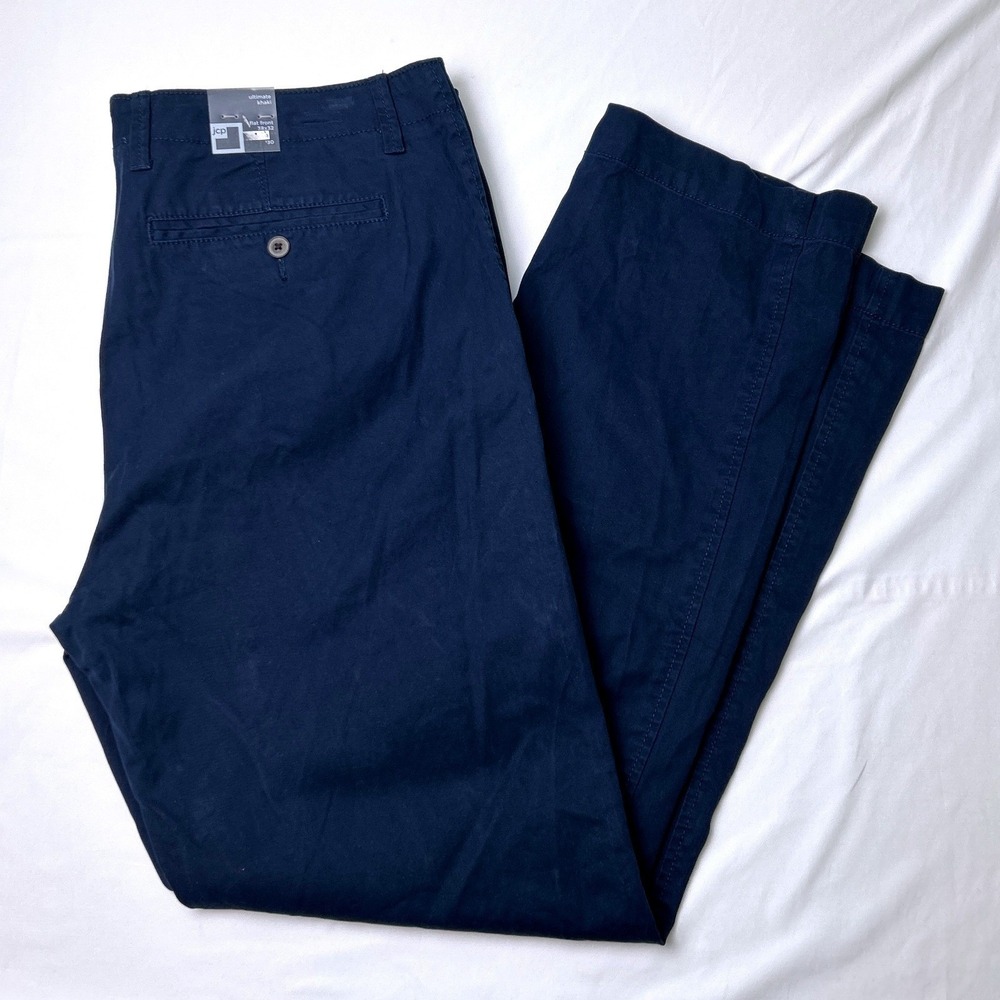 JCP Men Ultimate Khaki Flat Front Straight Leg Pant Size 38x32 Navy Blue NEW